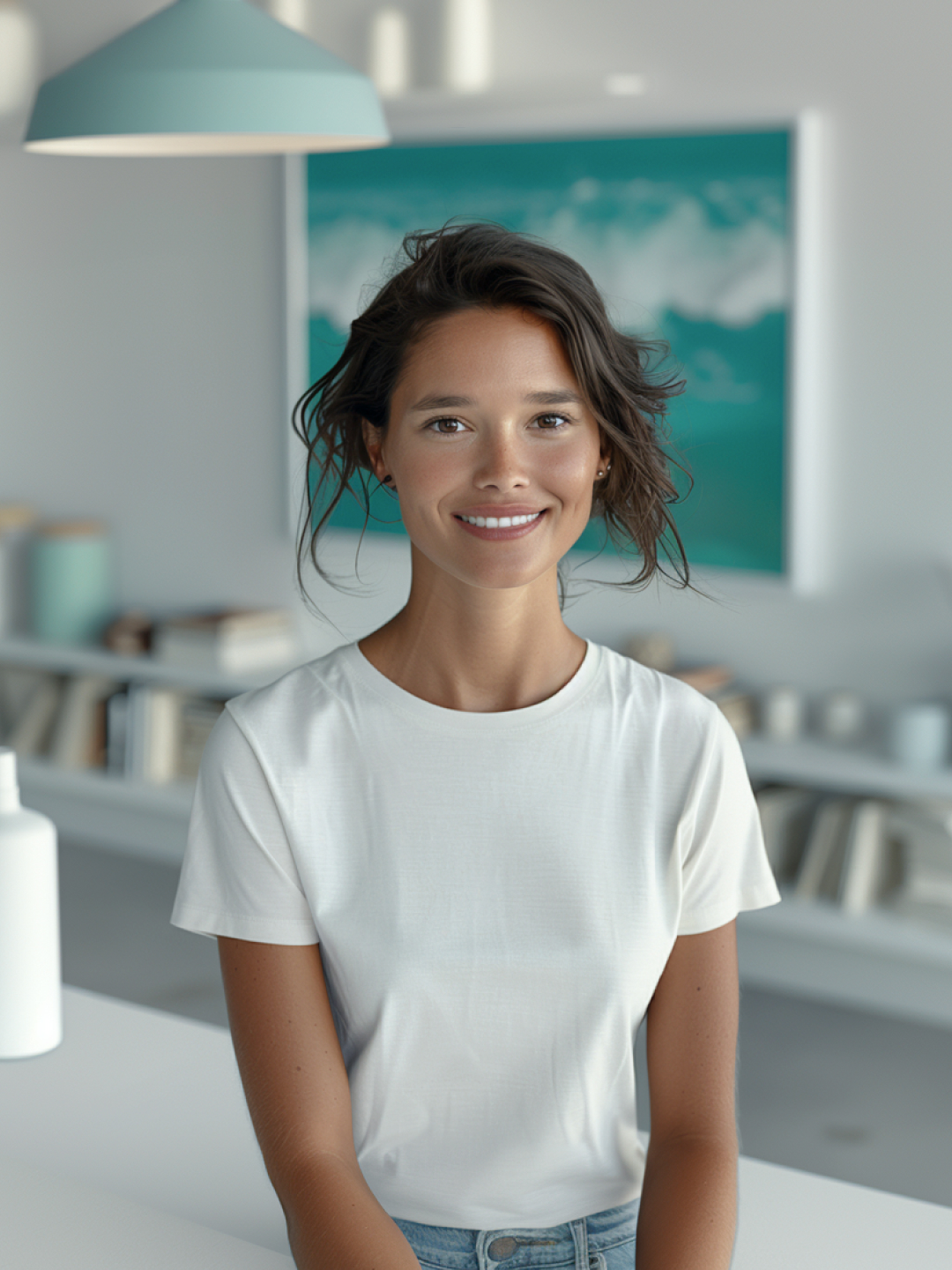 A smiling young woman with shoulder-length dark hair is standing in a bright, modern room with light-colored furniture and minimal decor. She is wearing a plain white t-shirt and blue jeans.